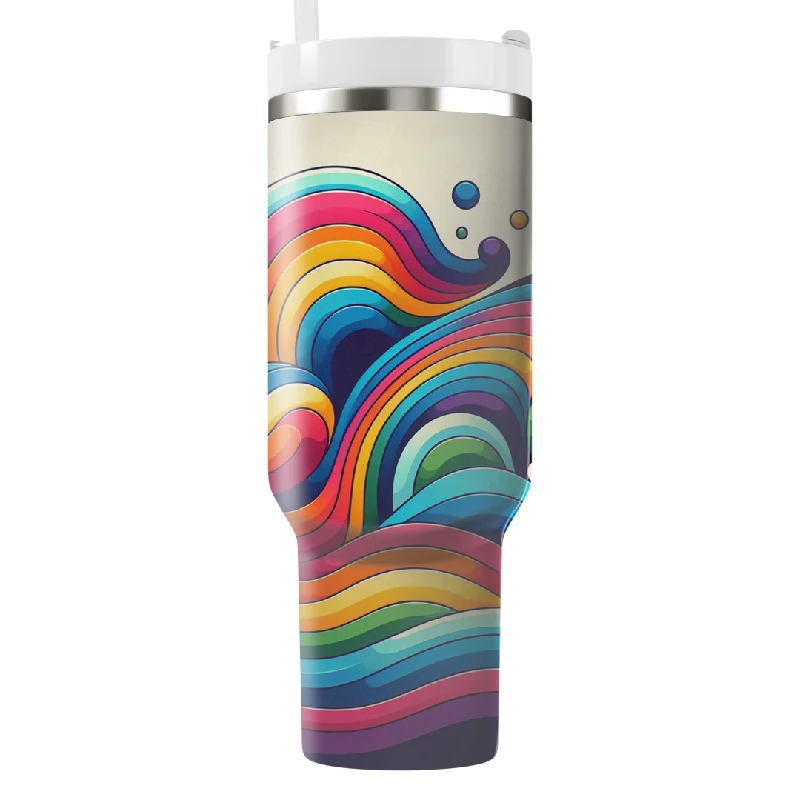 Seasonal Clearance Retro Rainbow Waves Tumbler With Handle
