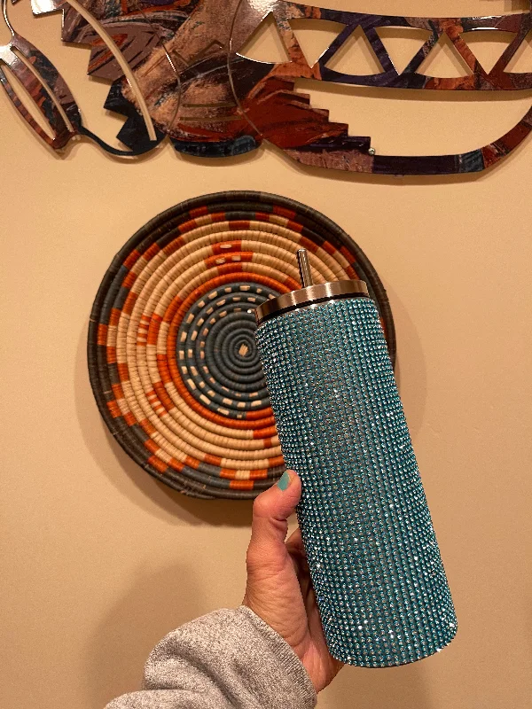 Chic And Trendy 30oz Stainless steel Rhinestone Tumbler   Turquoise