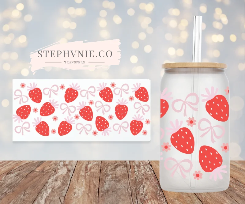 Durable Steel Drinkware Strawberry Coquette Bow- 16oz Cup Wrap (Clear Film)