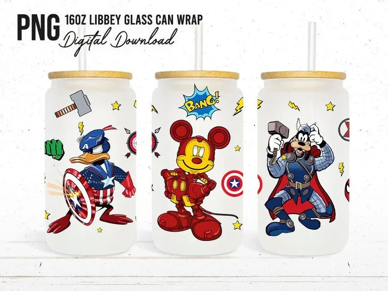 Insulated Travel Drinkware Mickey Superhero 16oz Glass Can Wrap, 16oz Libbey Can Glass, Mickey And Friends Avengers Tumbler Wrap, Full Glass Can Wrap, Cartoon Tumbler Insulated Travel Drinkware Mickey Superhero 16oz Glass Can Wrap, 16oz Libbey Can Glass, Mickey And Friends Avengers Tumbler Wrap, Full Glass Can Wrap, Cartoon Tumbler