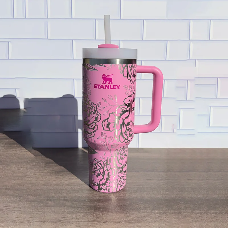 Durable Steel Drinkware 40oz Stanley Quencher Tumbler Peony Flower Desing, Perfect Mother's Day Gift, Birthday Gift, Gift For Her Durable Steel Drinkware 40oz Stanley Quencher Tumbler Peony Flower Desing, Perfect Mother's Day Gift, Birthday Gift, Gift For Her