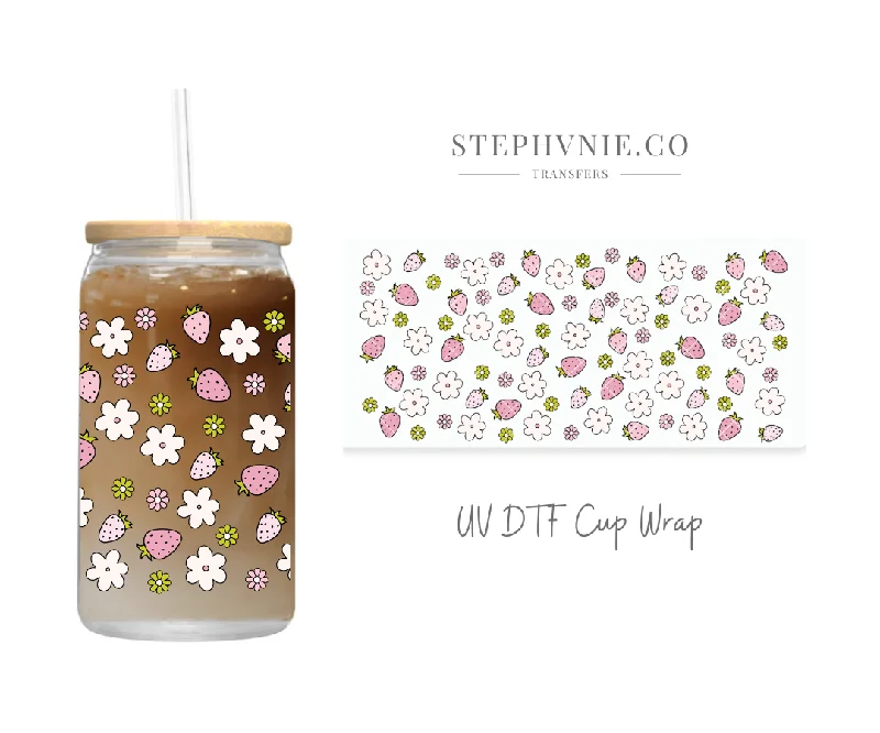 Insulated Tumblers Pink Strawberry Flowers - 16oz Cup Wrap