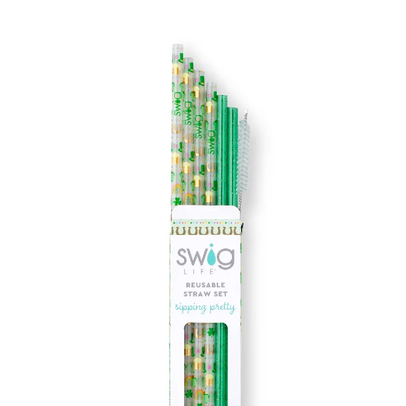 Drinking Glasses Sale Lucky Charm and Green Glitter Reusable Straw Set