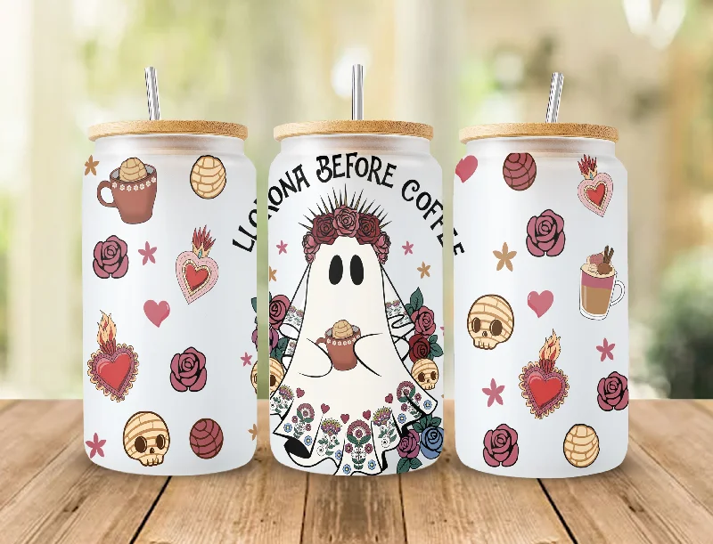 Holiday Drinkware Discount Llorona Before Coffee 16 oz Libbey Glass Can Wrap Ghost Llorrona png Mexican Concha digital download Holiday Drinkware Discount Llorona Before Coffee 16 oz Libbey Glass Can Wrap Ghost Llorrona png Mexican Concha digital download