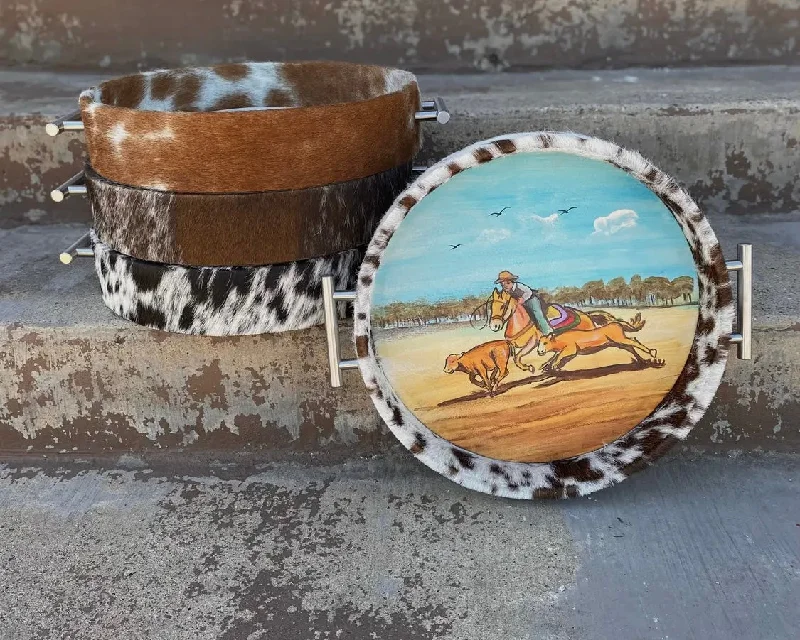 Drinkware Sale Event Large Round Rodeo cowhide tray