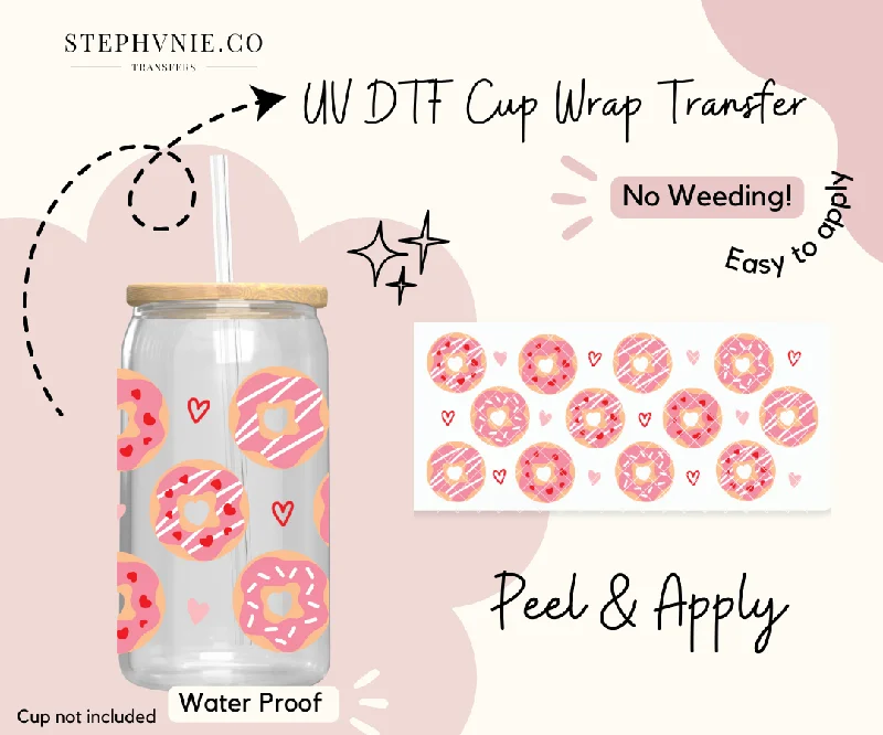 Discount Drinkware Pink Vday Donuts - 16oz Cup Wrap (Clear Film)