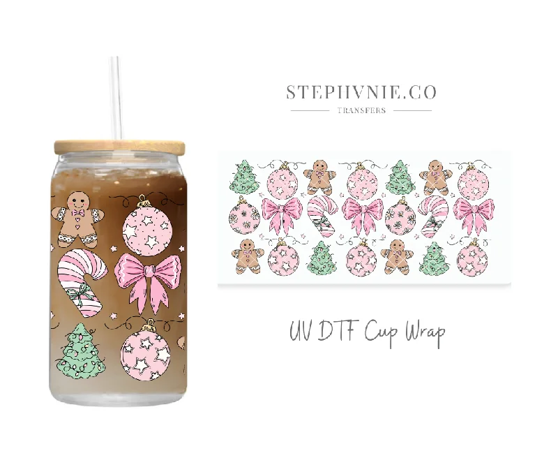 Exclusive Drinkware Sale Pink X-mas Ornaments - 16oz UV DTF Cup Wrap