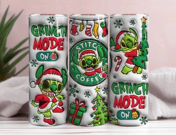 Holiday Glam Stitch Grinch Mode 3D Inflated 20oz Christmas Tumbler