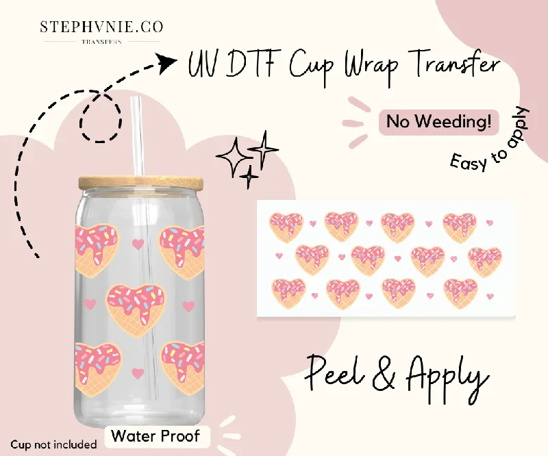 Promotional Drinkware Sprinkle Cone Hearts - 16oz Cup Wrap (Clear Film)
