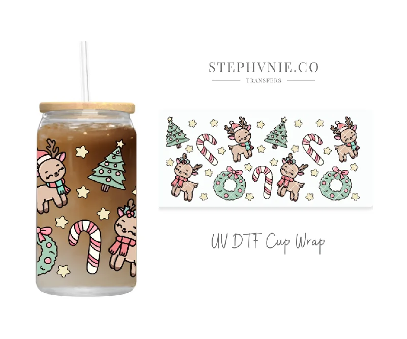 Travel Drinkware Sale Reindeer Candy Cane  - 16oz UV DTF Cup Wrap
