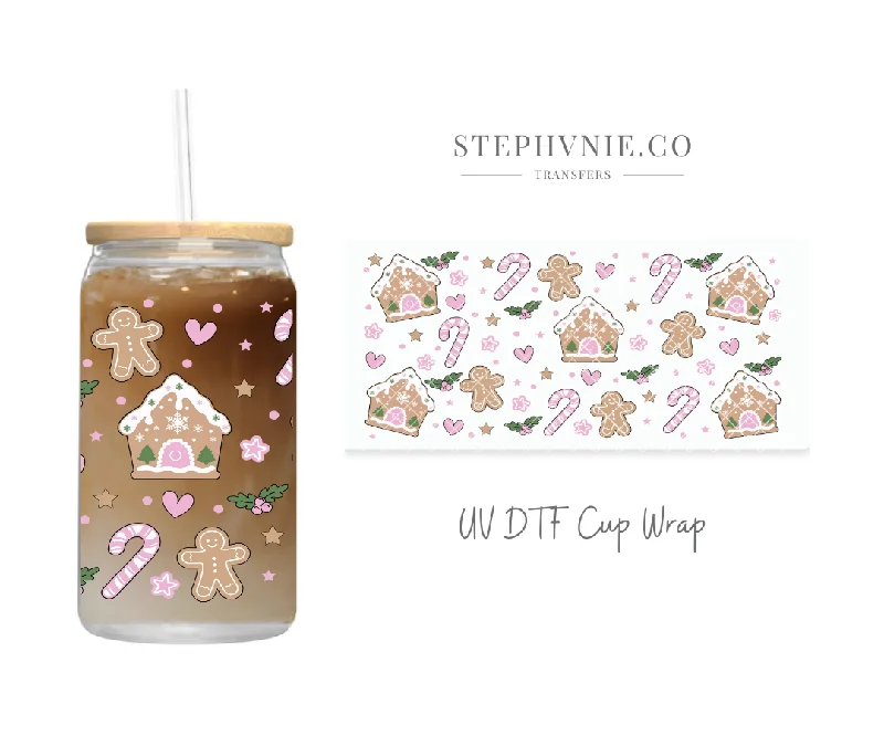 Flash Drinkware Deals Pink Gingerbread House - 16oz UV DTF Cup Wrap