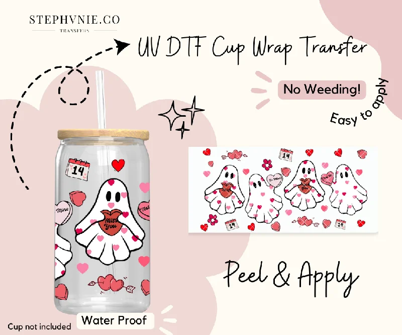 Promotional Tumblers Ghost V-day Hearts - 16oz Cup Wrap (Clear Film)