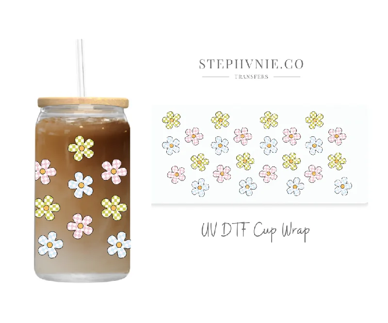 Drinkware Discounts Cute Checkered Flowers - 16oz UV DTF Cup Wrap