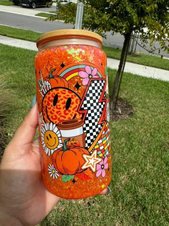 Trend Alert Fall Retro Pumpkin Checkered Lightning 16 ounce Snowglobe Glitter Jar