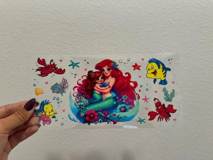 Travel Drinkware Disney Little Mermaid Ariel Baby Ariel Flounder Sebastian UV DTF Wrap Transfer 16oz | No Heat Needed | Waterproof | Permanent Adhesive