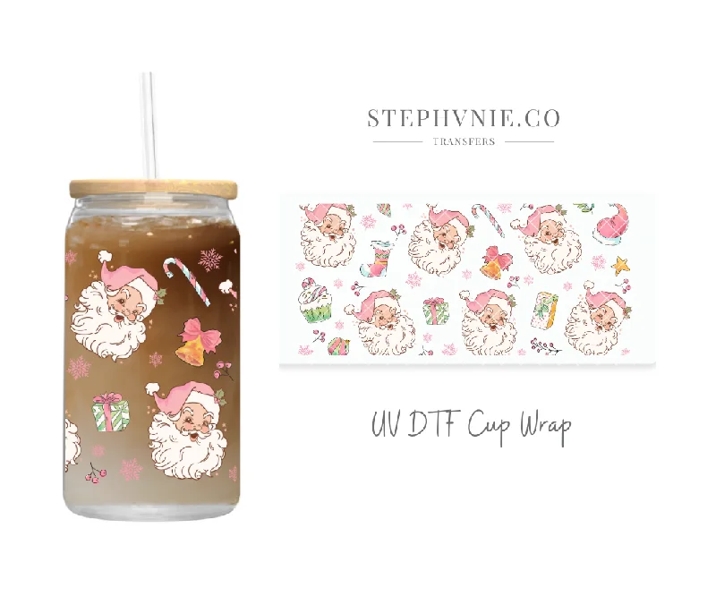 Eco-Friendly Cups Pink Santa - 16oz UV DTF Cup Wrap