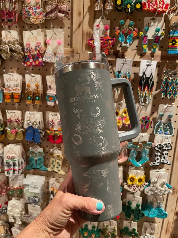 Discount Drinkware WESTERN 40oz Stanley TUMBLER  grey cactus/boots