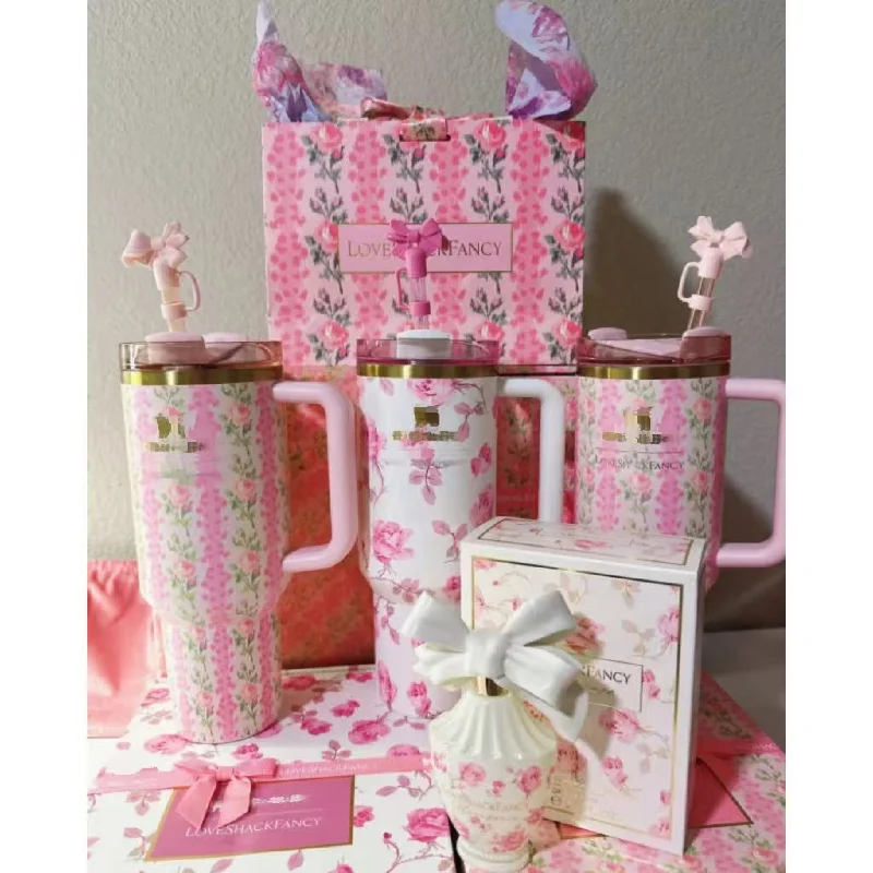 Green Drinkware Sale 40OZ Premium mugs, Stainless steel Metal Material, Anti-leak and Anti-scald large capacity, Floral Fashion design,Be used for Driving,Home,Sports and Outdoor Activities,Multifunctional cup,With Straw and Lid, The best choice for Valentine's Day